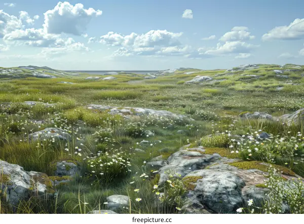 Rocky Field Covered in Grass and Flowers