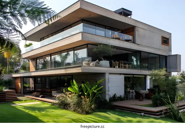 Modern Concrete House with Large Windows and Green Grass