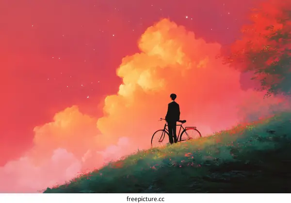 Silhouette of a Man with a Bicycle on a Hilltop at Sunset