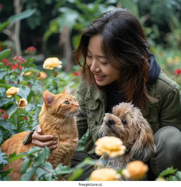 A smiling woman petting a cat and a dog in a garden