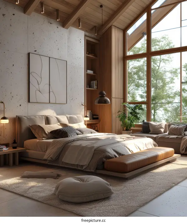 Modern Bedroom Interior With Lake View