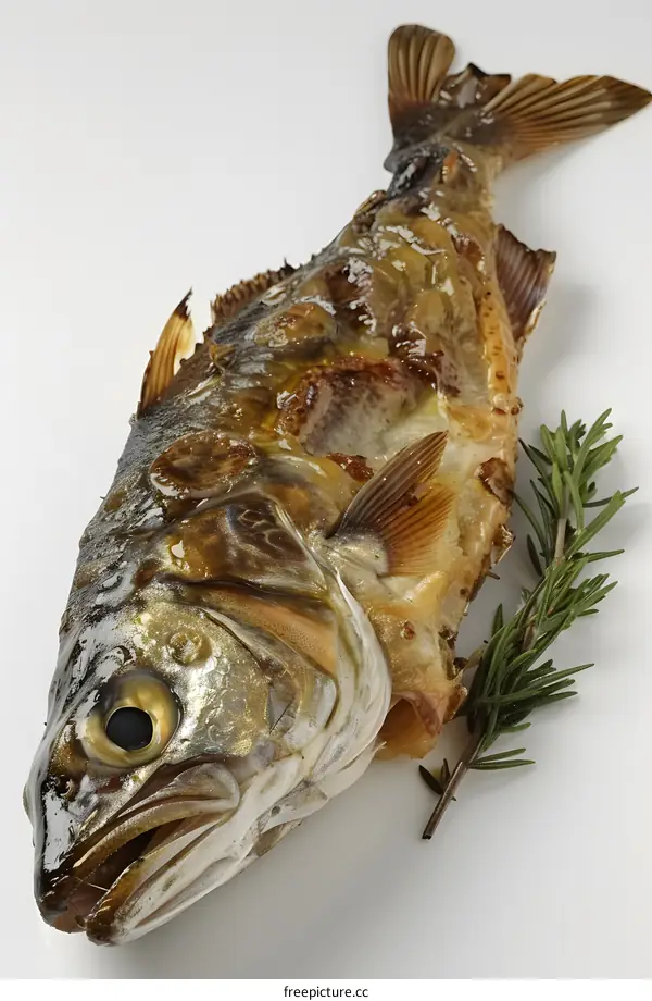 Close-up of a grilled fish with rosemary