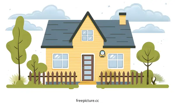 Yellow House with Green Trees and Blue Sky Illustration
