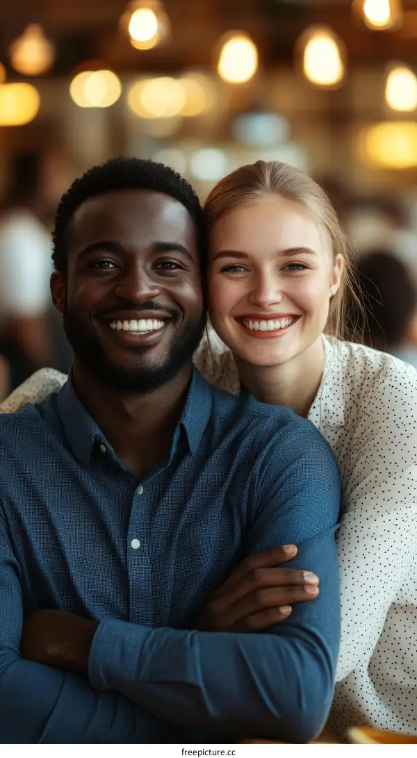 Happy Couple Smiling at Camera in Cafe