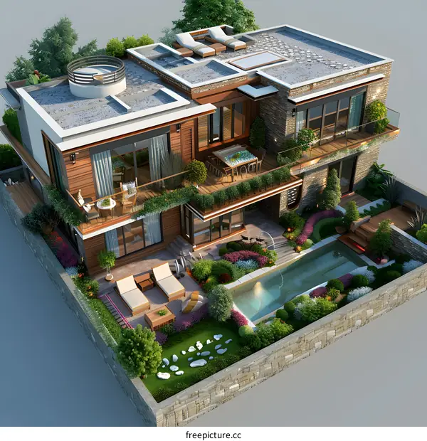 A 3D rendering of a modern house with a pool and a garden