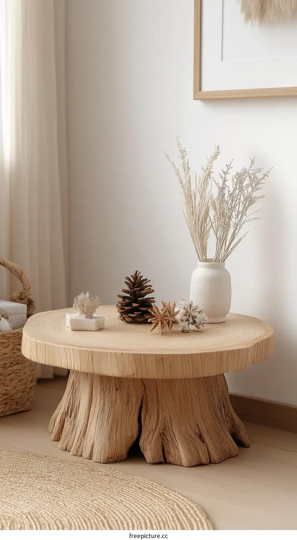 Rustic Wooden Coffee Table Decorated with Dried Flowers