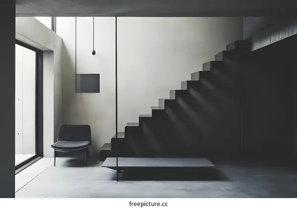 Modern Minimalist Interior Design With Concrete Staircase and Grey Chair
