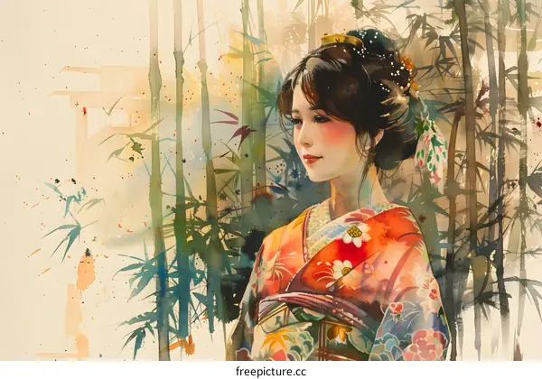 An illustration of a Japanese woman wearing a kimono standing in a bamboo forest