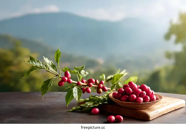 Fresh Coffee Berries on Branch in Nature Setting