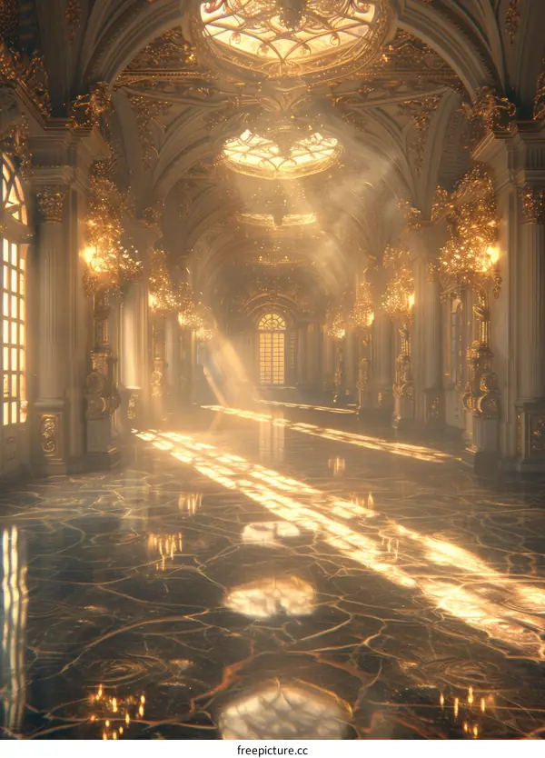 Opulent Hallway with Marble Floor and Golden Walls
