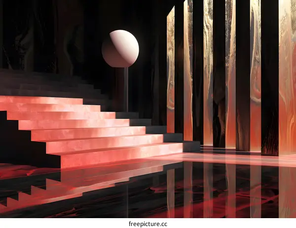 Abstract Red Staircase and Sphere Interior Design