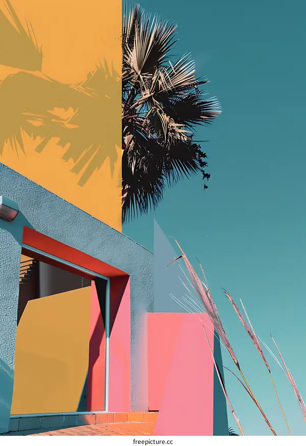 Colorful Geometric Building with Palm Tree and Grass