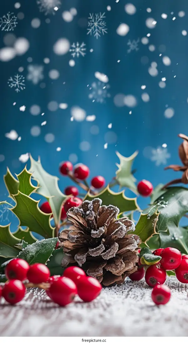 Christmas decoration with pine cone and holly