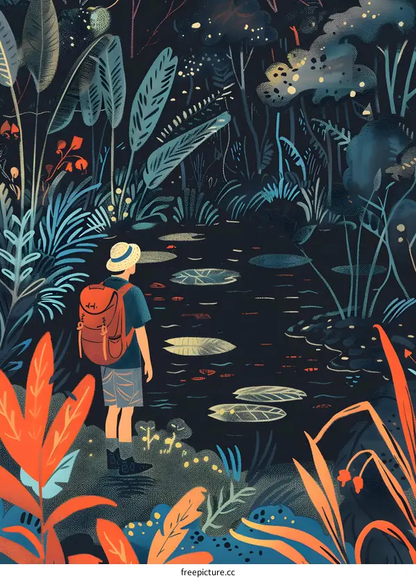 Man in Hat Standing in the Forest by a Pond