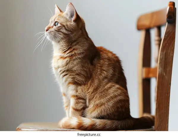 A ginger cat is sitting on a wooden chair and looking away