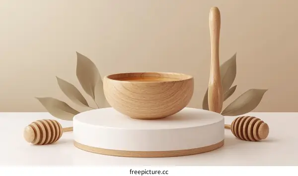 Wooden Bowl and Honey Dipper Still Life