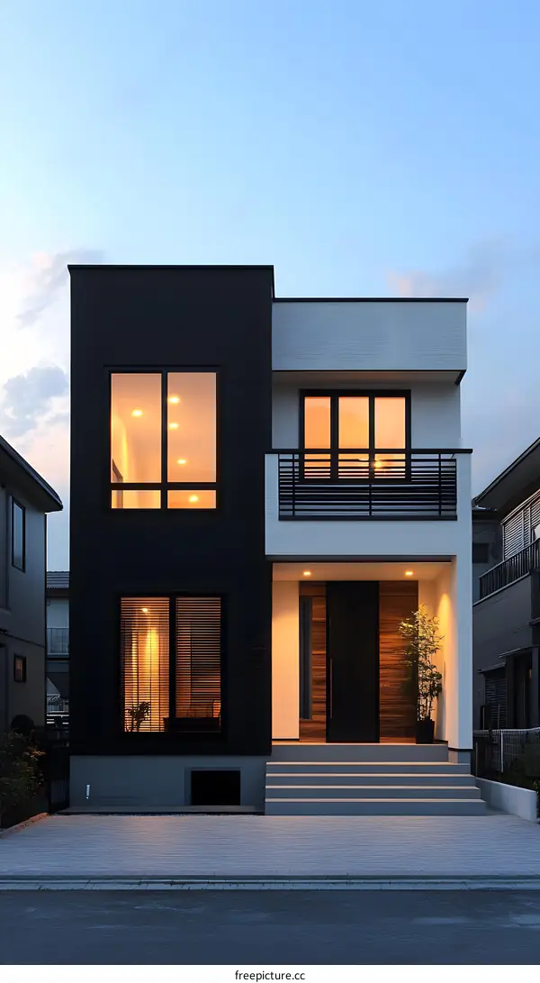 Modern Black and White Two Story House with Patio