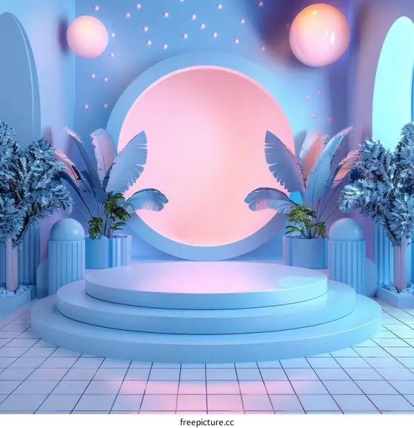 Blue and Pink Podium with Plants and Spheres