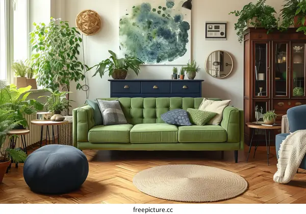 A Stylish Living Room With Green Velvet Sofa and Plants