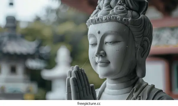 Serene Stone Sculpture of a Buddhist Bodhisattva in Prayer