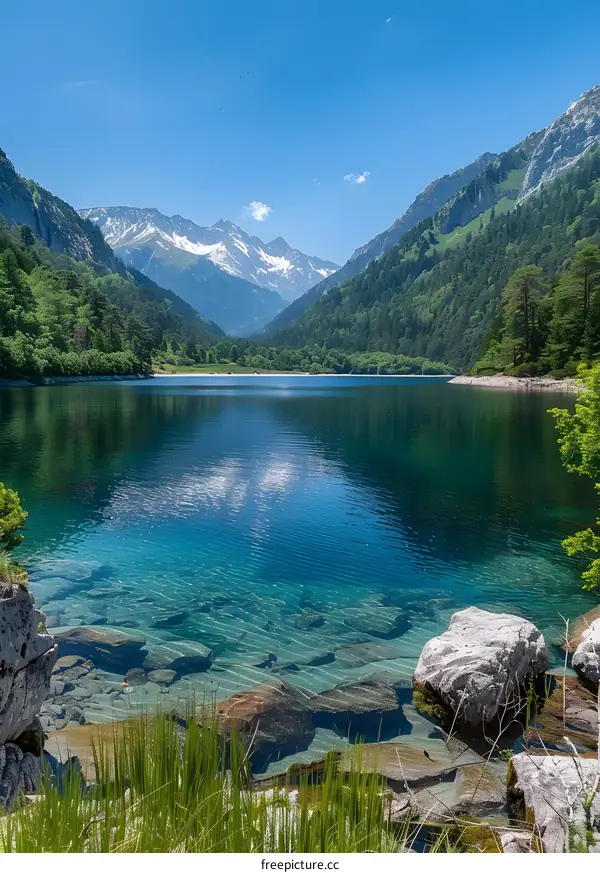 Beautiful mountain lake in a valley with snow capped mountains in the distance