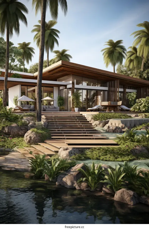 A stunning modern villa with a pool and a view of the ocean