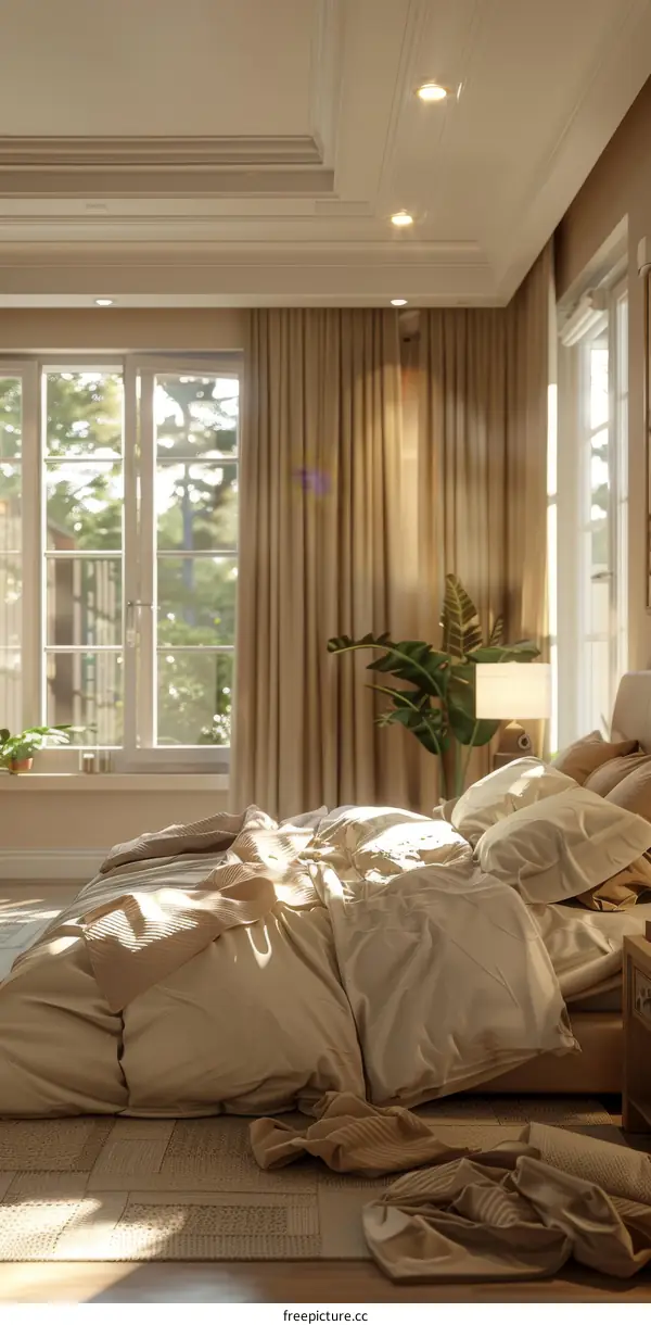 A bedroom with a large bed, a plant, and a nightstand.