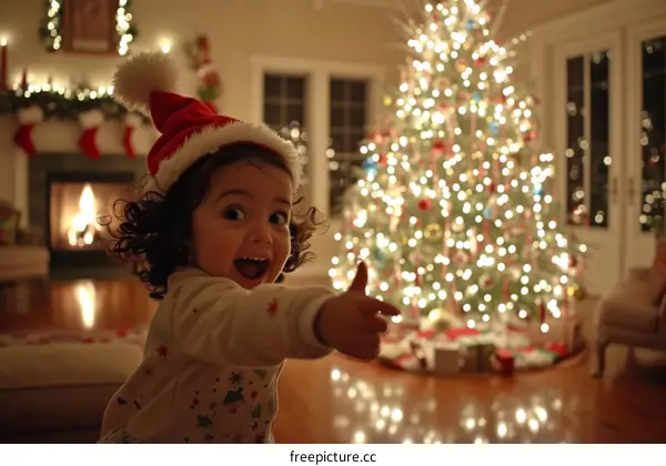 Little girl in a Santa hat standing in front of a decorated Christmas tree