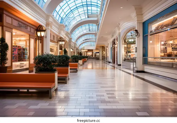 An empty shopping mall with orange benches and a glass roof