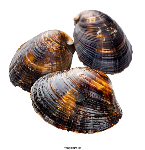 [Transparent Background PNG]Three dark colored clam shells with a white background