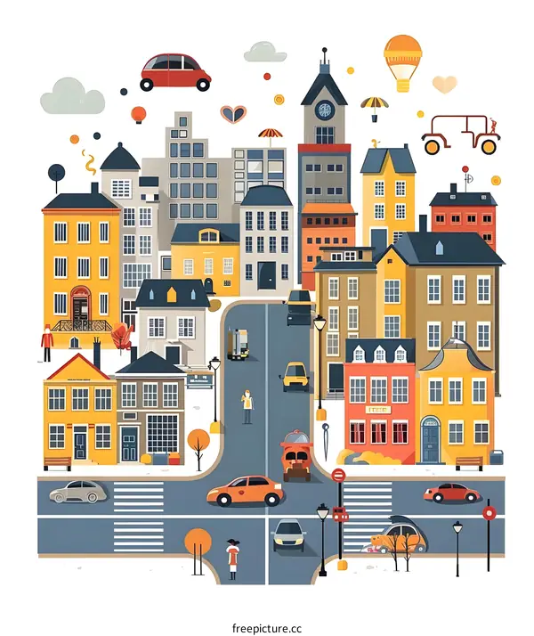 Cartoon Illustration of a Colorful Cityscape