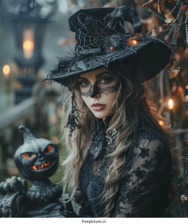 Witch in a black hat with a pumpkin jack-o'-lantern