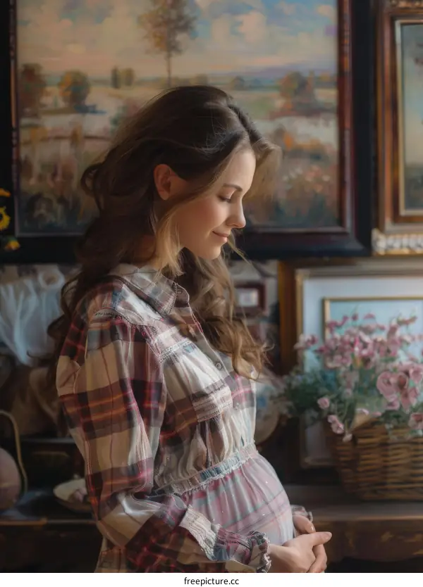 Pregnant Woman in a Plaid Shirt in a Vintage Setting