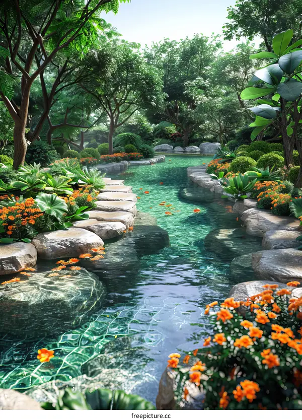 Serene Garden with River and Bridge