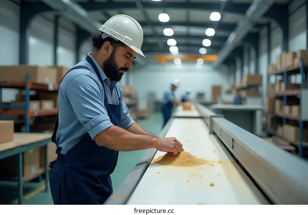 Factory Worker Checking Product Quality on Conveyor Belt