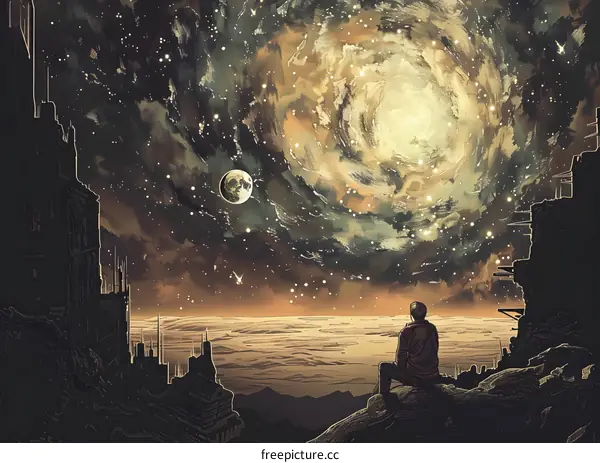 Man Gazing at the Stars in a Post Apocalyptic City