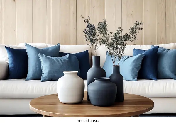 Modern Living Room Decor with Blue Pillows and Vases