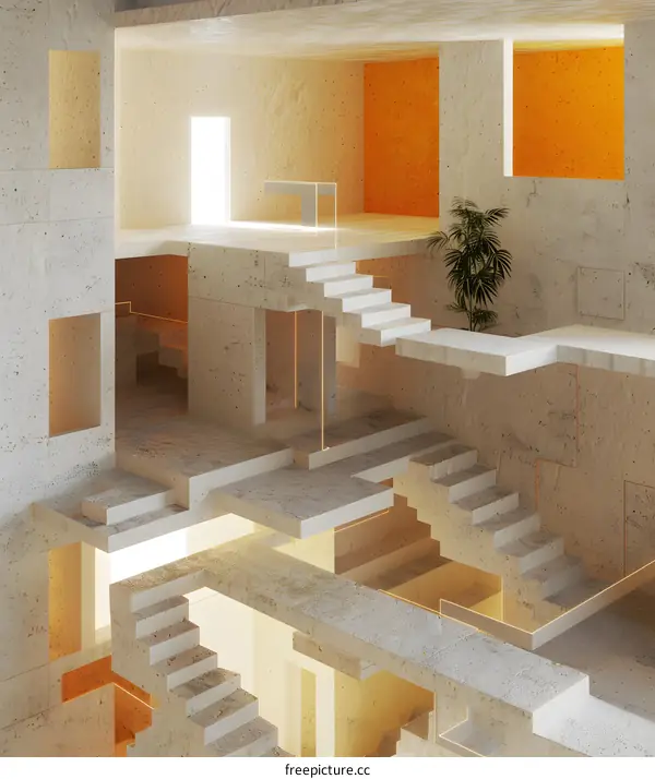 Abstract Minimalist Interior Design with Concrete and Stairs