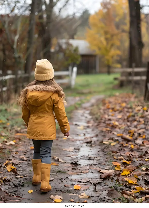 Little Girl Walking In Autumn Woods