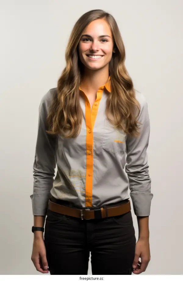 Portrait of a young woman in a gray blouse