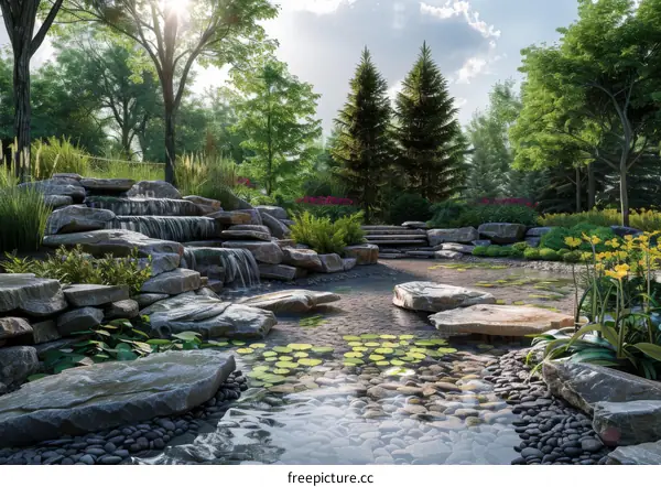 A Beautiful Garden with a Waterfall and a Pond