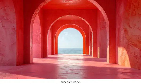 Pink surreal minimal interior with arches and ocean view