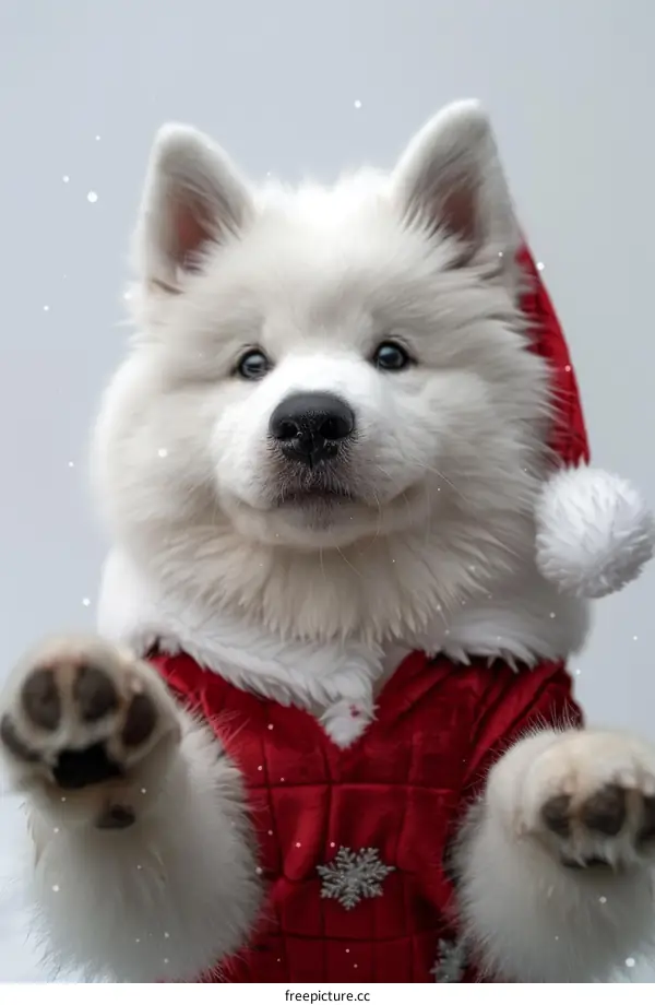 Samoyed dog wearing a Santa hat