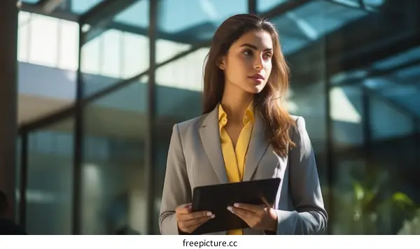 A young businesswoman of Indian ethnicity is holding a tablet and looking thoughtfully into the distance