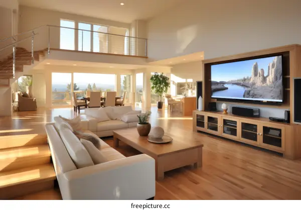 Bright modern living room with wood floors and white walls