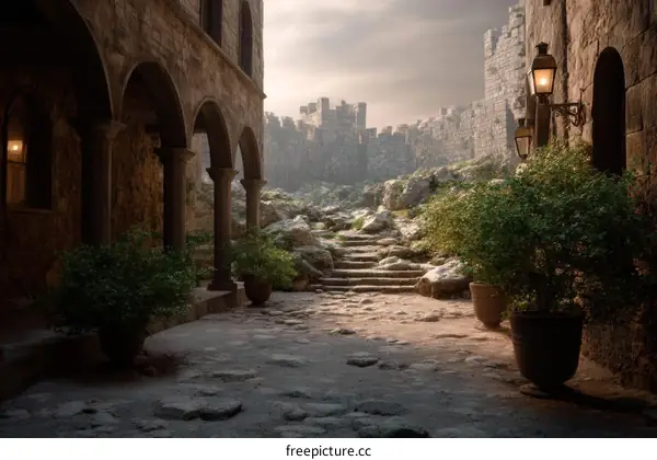 Ancient Stone Alleyway Under Cloudy Sky