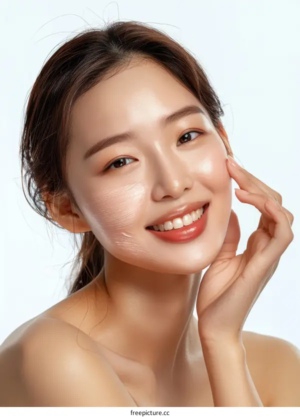 Asian woman applying facial cream on her face