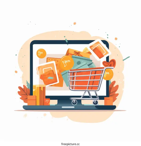 E-commerce Concept: Online Shopping via Laptop, Full Cart
