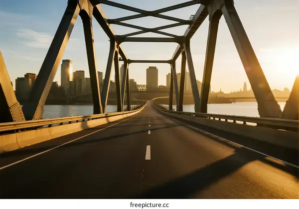 Sunlit bridge over river leading to city skyline