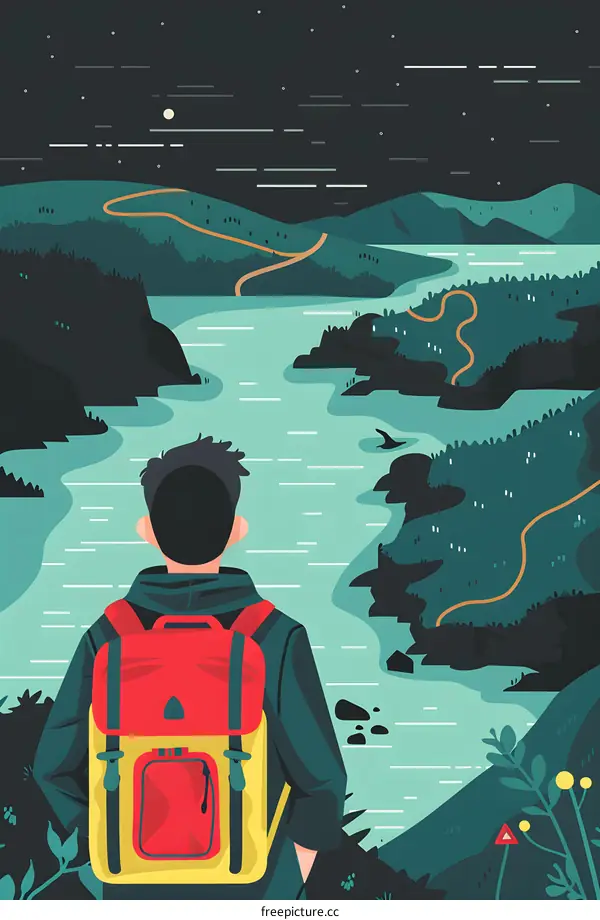 Man with Backpack Looking at a Lake in a Mountain Landscape